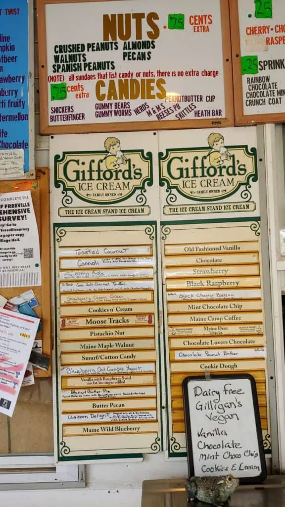 Toad's Too Gifford's ice cream menu