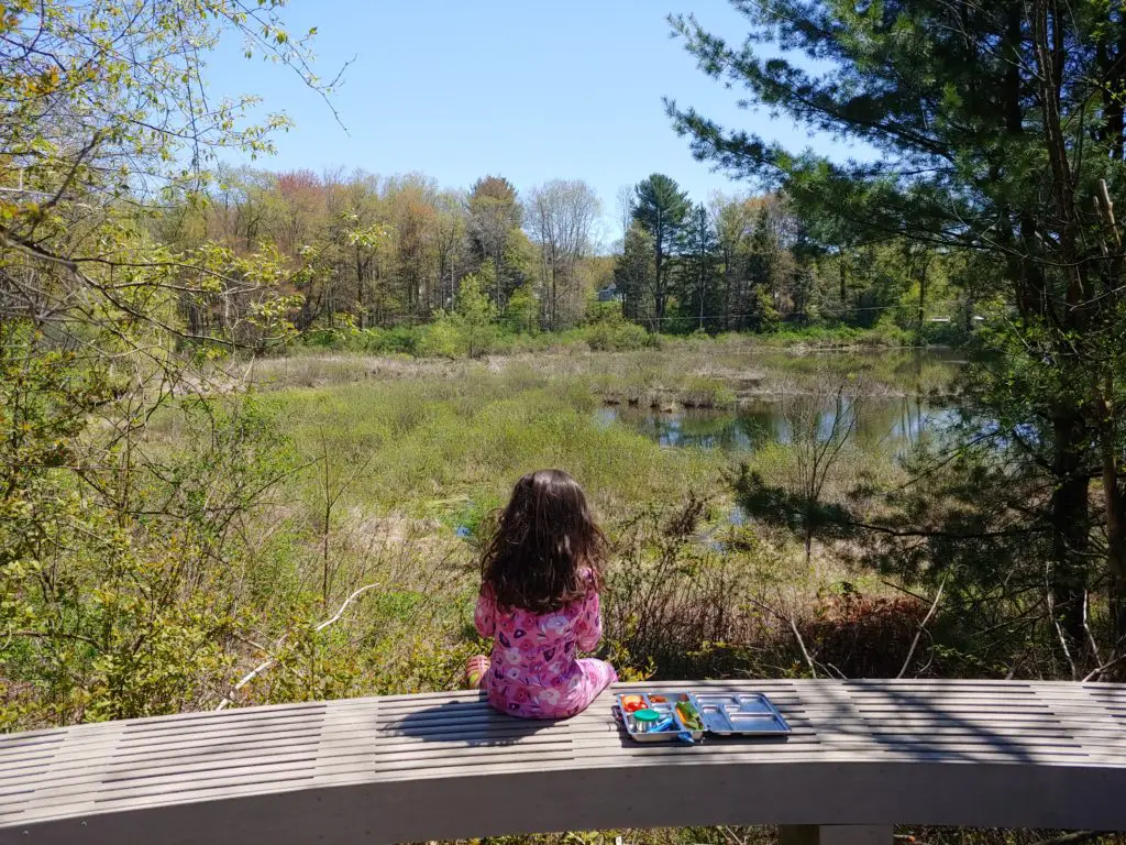 girl sitting on bench by Gracie Pond Cortland NY