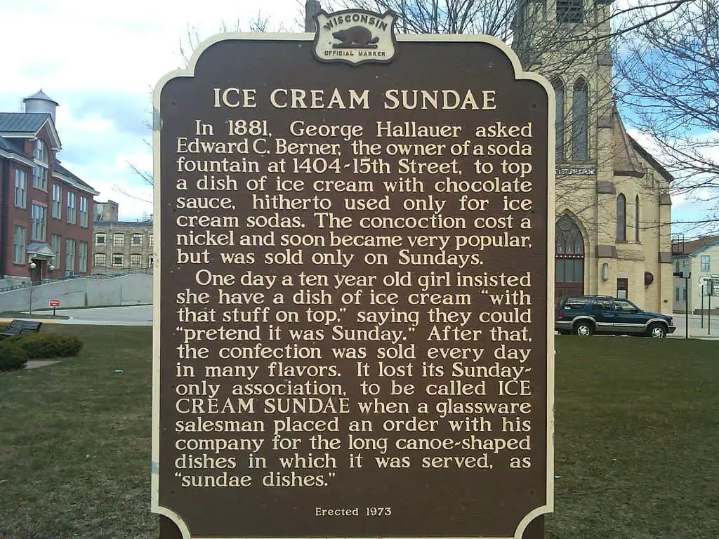 sign about ice cream sundae history in Two Rivers