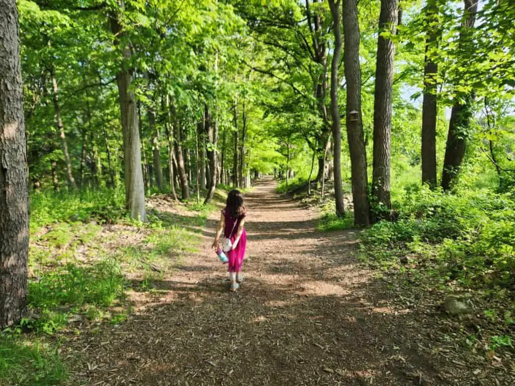 girl walking on forest path